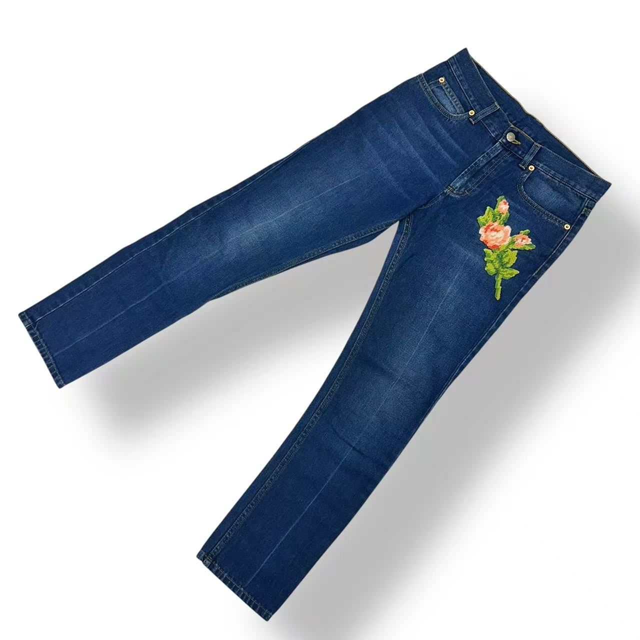 Gucci Denim Pants Tiger Flower Embroidery Blue — view 2