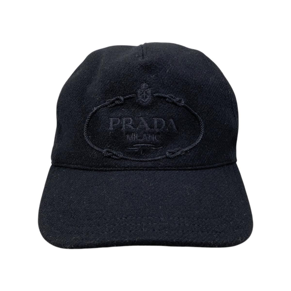 Prada Hat Logo Embroidery Baseball Cap M Wool Black — view 3