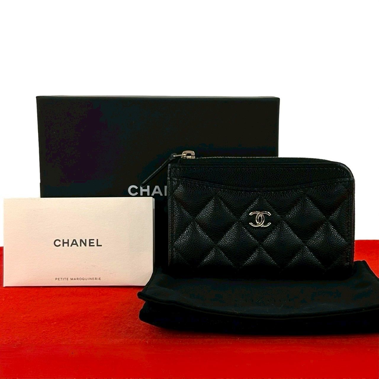 Chanel Box and Seal Fragment Case Quilted CC Logo Caviar Leather Coin Black
