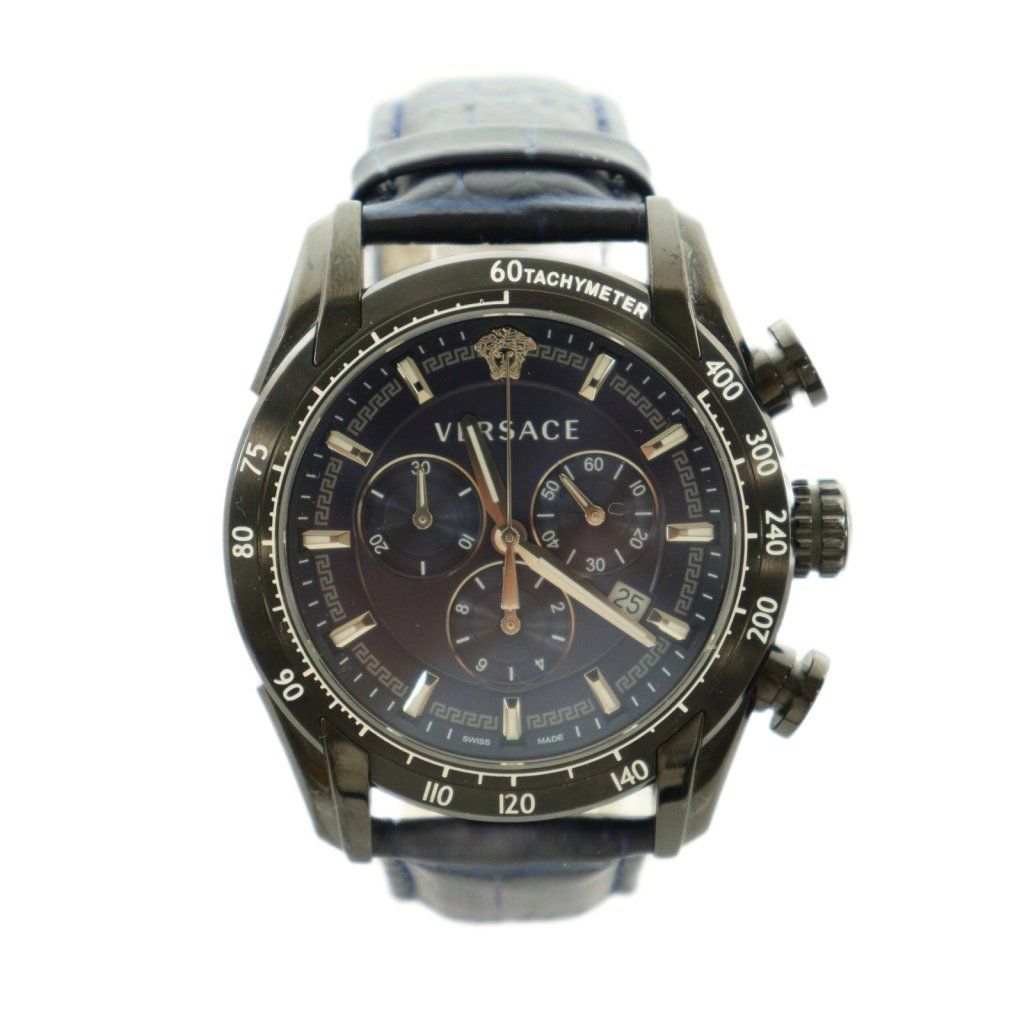 Versace Chronograph Quartz Watch Navy Blue Dial Leather Band Black BB — view 2