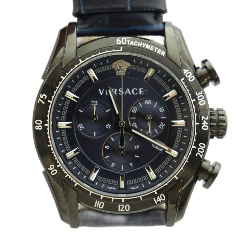 Versace Chronograph Quartz Watch Navy Blue Dial Leather Band Black BB