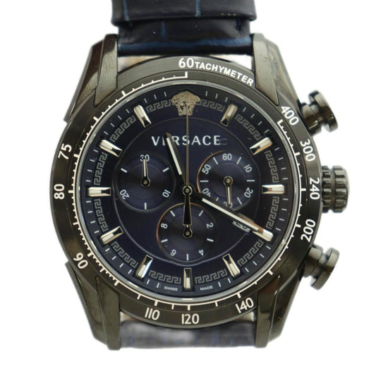 Versace Chronograph Quartz Watch Navy Blue Dial Leather Band Black BB