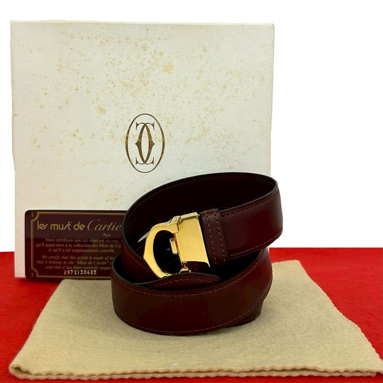 Cartier Vintage Must Line Leather Belt Wine Red Bordeaux