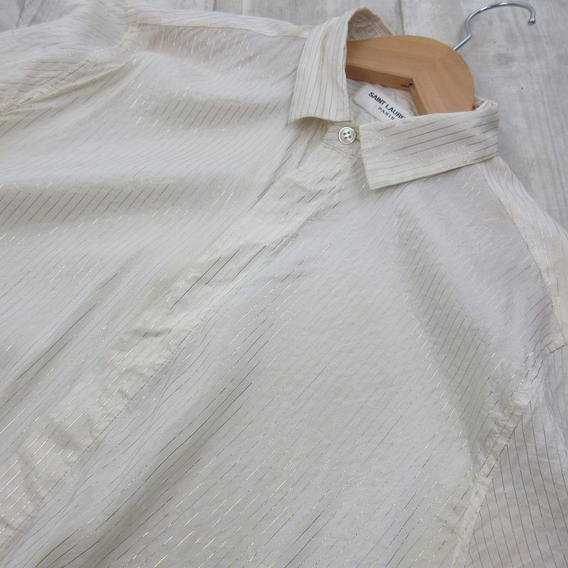 Saint Laurent Paris 37 14.5 Silk Striped Dress Shirt Long Sleeve Hiyo Beige — view 3