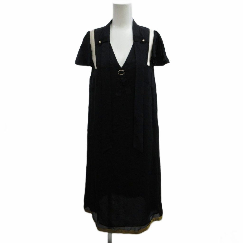Gucci Dress Silk 38 Black Mustard Neck Short Sleeve Shoulder Line Decoration