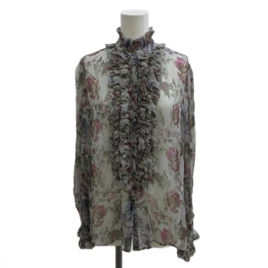 Dolce & Gabbana Shirt Blouse Silk 38 Multicolor Floral Ruffle Long Sleeve Sheer
