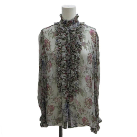 Dolce & Gabbana Shirt Blouse Silk 38 Multicolor Floral Ruffle Long Sleeve Sheer