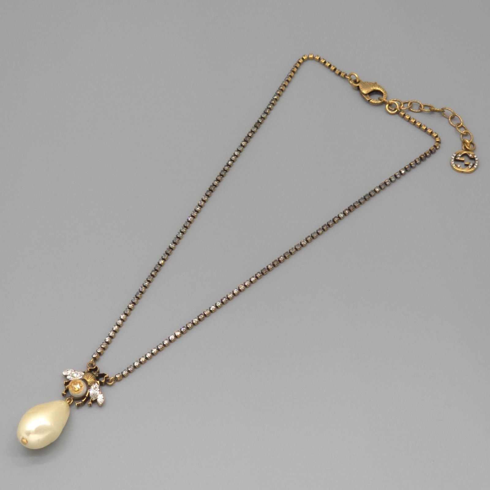 Gucci Bead Drop Pearl Crystal Necklace 35.5 38 cm Gold