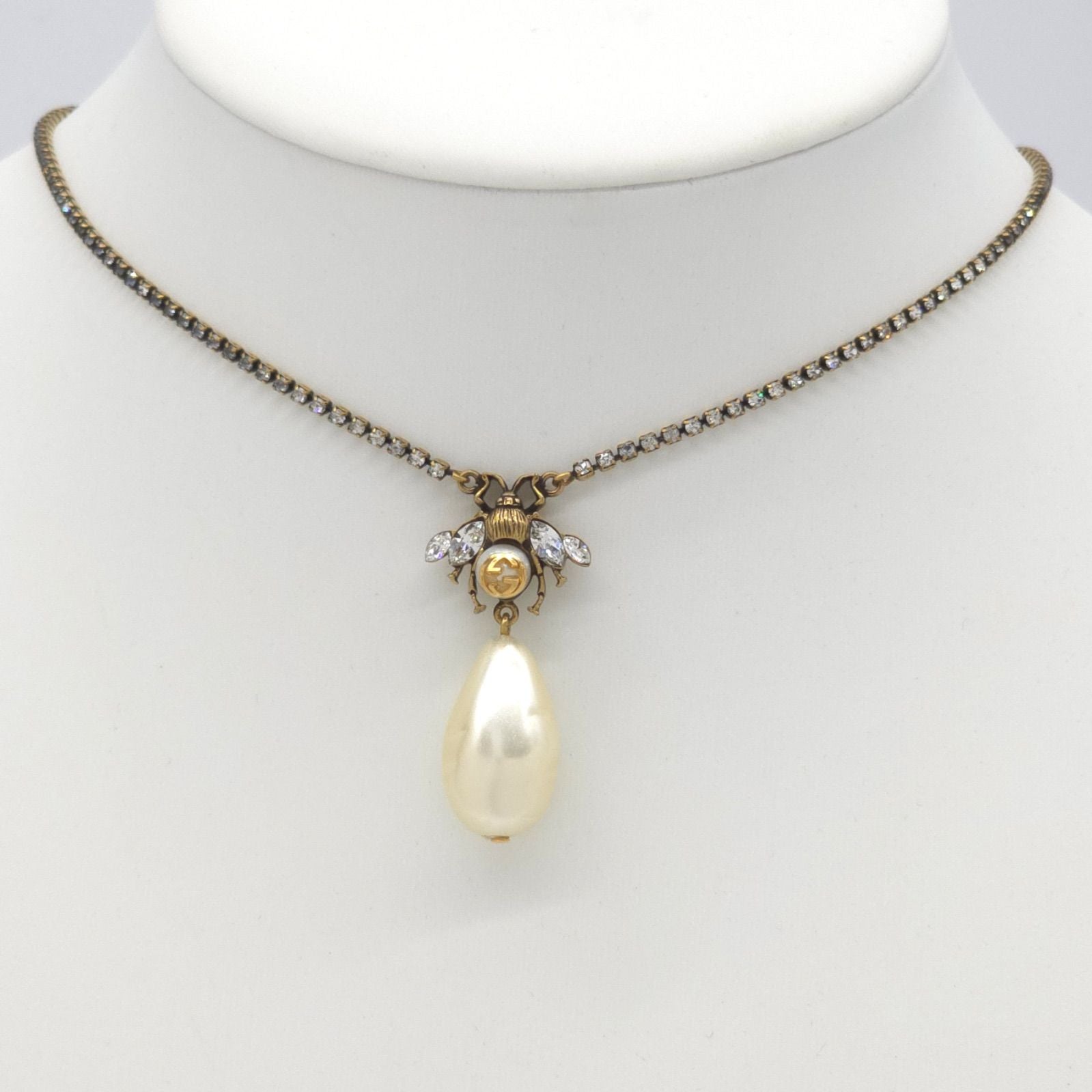 Gucci Bead Drop Pearl Crystal Necklace 35.5 38 cm Gold — view 2