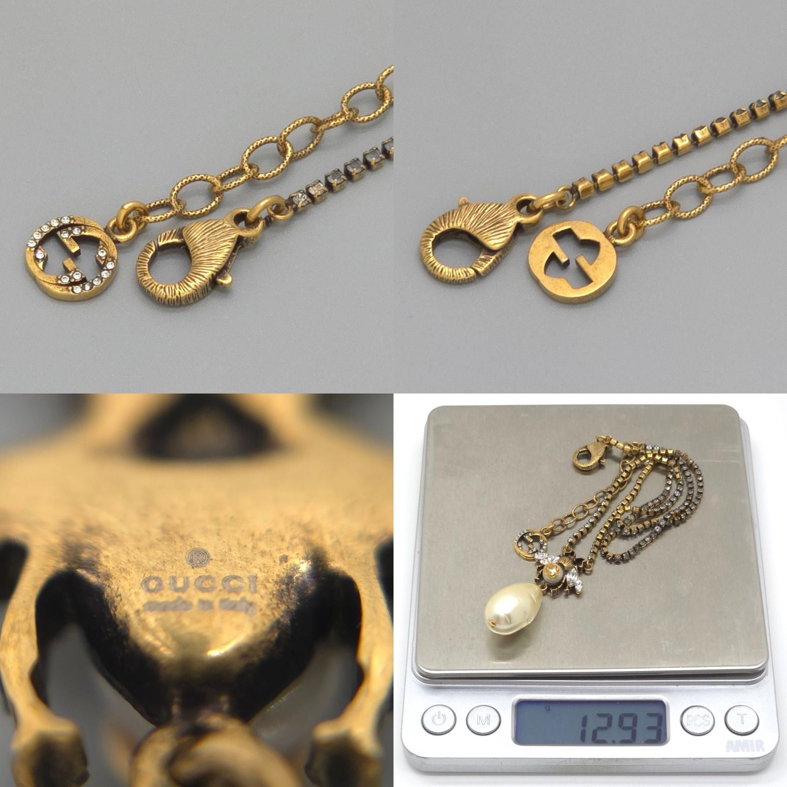 Gucci Bead Drop Pearl Crystal Necklace 35.5 38 cm Gold — view 6