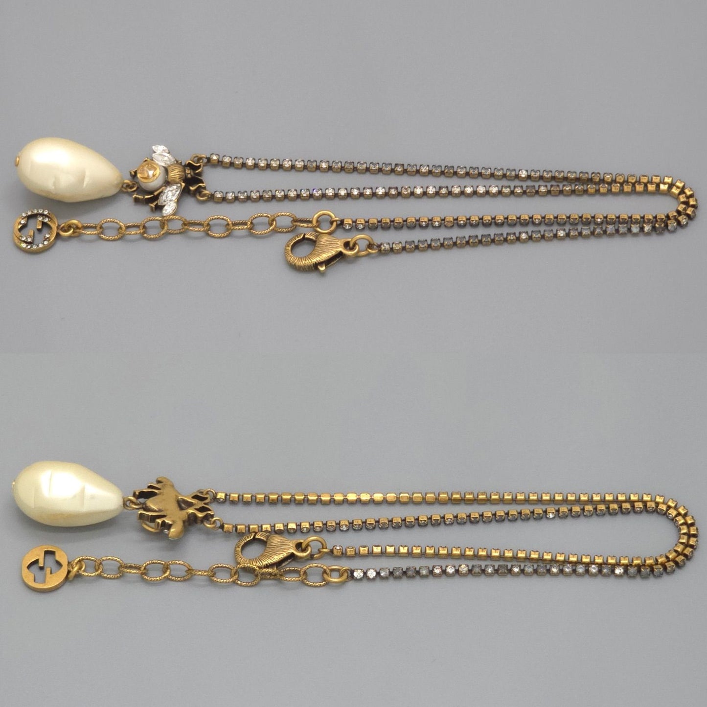 Gucci Bead Drop Pearl Crystal Necklace 35.5 38 cm Gold — view 3