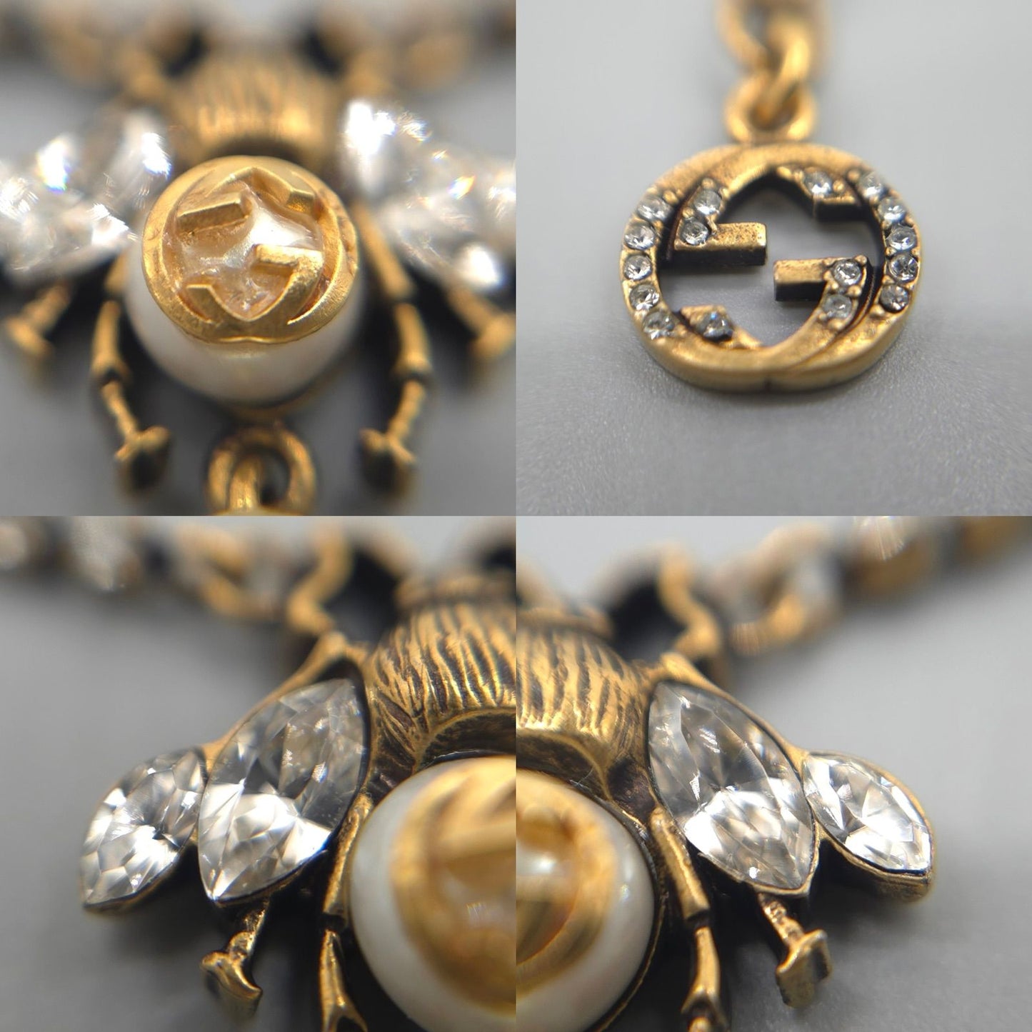 Gucci Bead Drop Pearl Crystal Necklace 35.5 38 cm Gold — view 5
