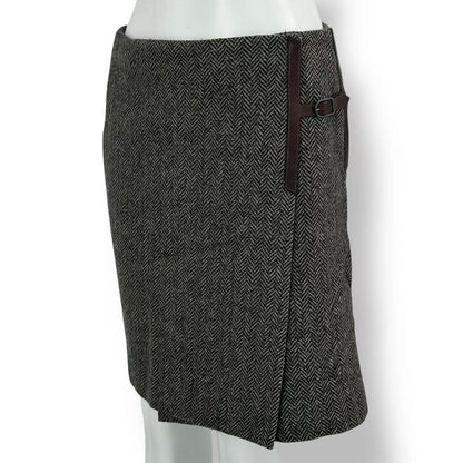 Hermes Wrap Skirt Herringbone Pattern Leather with Belt Silk 36 Brown