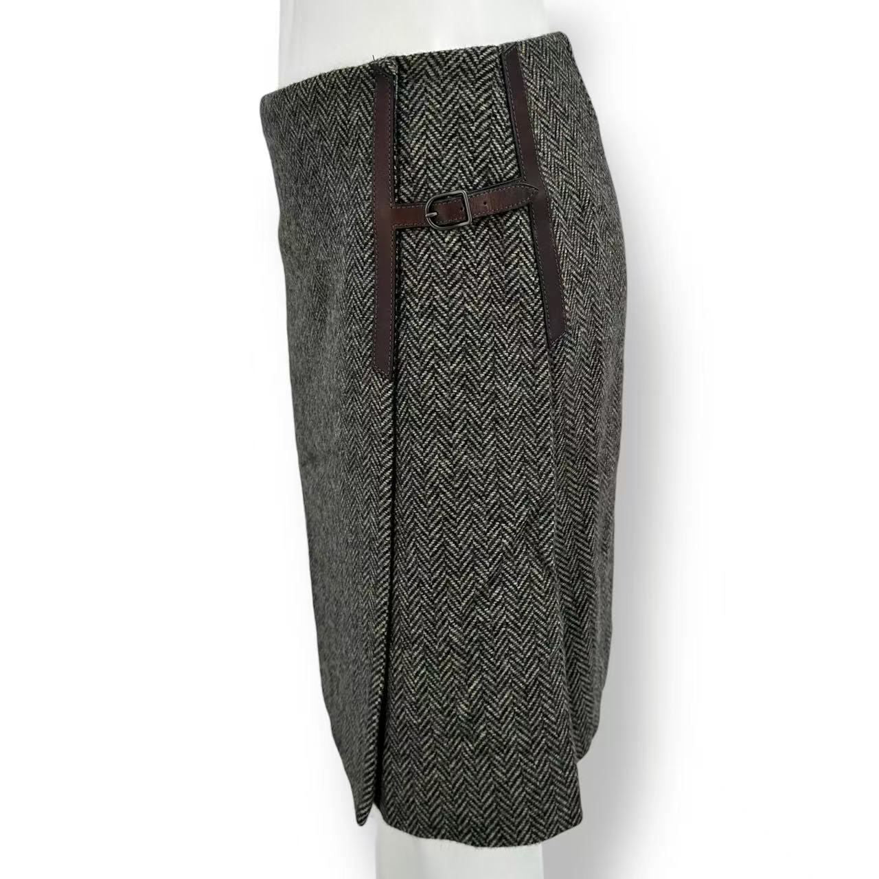Hermes Wrap Skirt Herringbone Pattern Leather with Belt Silk 36 Brown — view 3