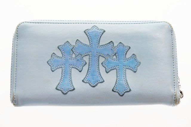 Chrome Hearts Rec Zip 3 Cemetery Cross Patch Leather Wallet Round Zip Blue