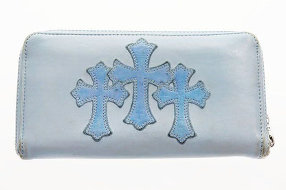 Chrome Hearts Rec Zip 3 Cemetery Cross Patch Leather Wallet Round Zip Blue