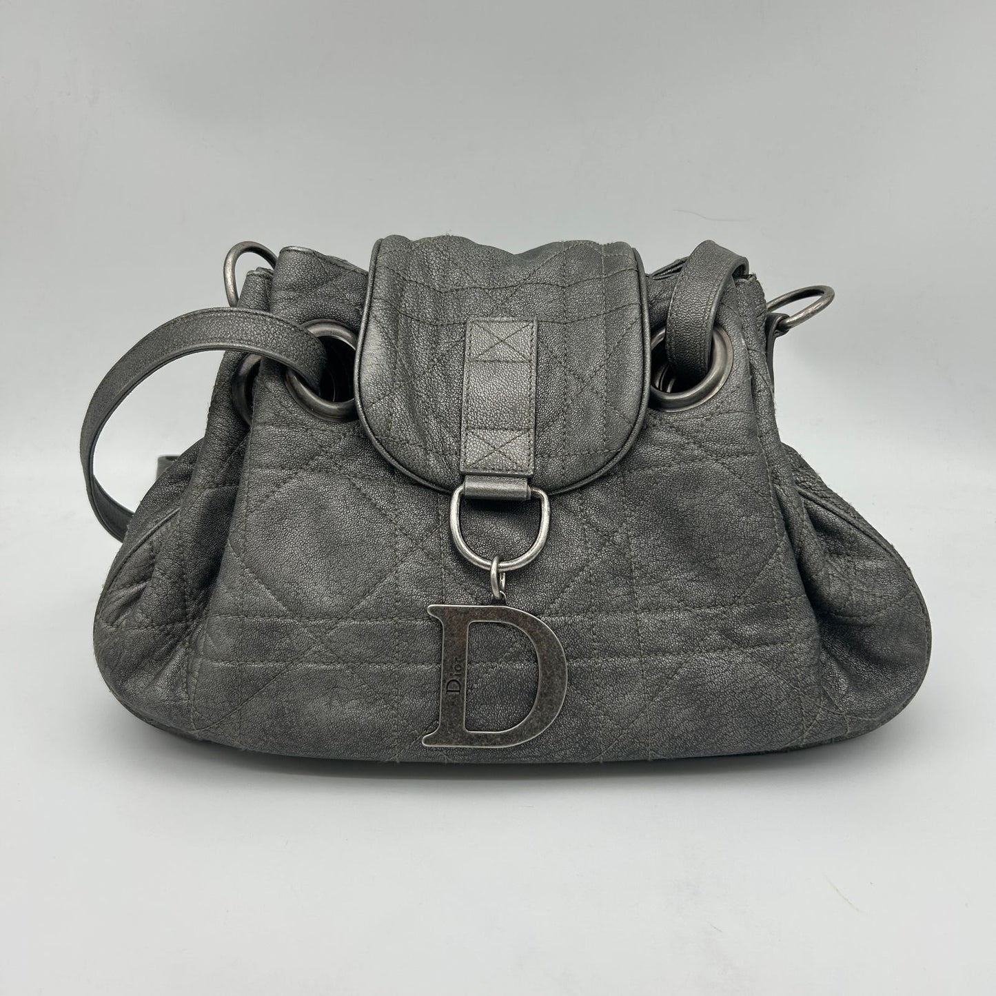 Dior Cannage Shoulder Bag Tote Leather Silver
