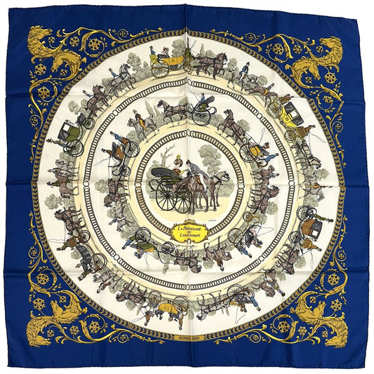 Hermes Scarf Carre 90 la Promenade de Longchamps Walk to Long Chien Silk Blue
