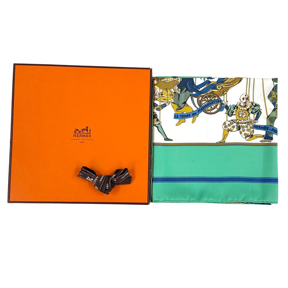 Hermes Scarf Carre 90 le Temps Des Marionnettes Marionette Time Silk Green — view 7