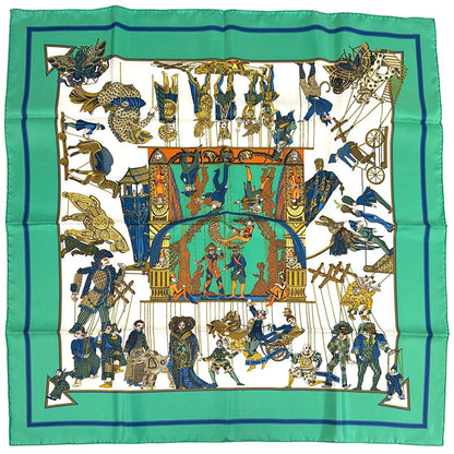 Hermes Scarf Carre 90 le Temps Des Marionnettes Marionette Time Silk Green