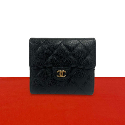 Chanel Quilted CC Logo Caviar Leather Trifold Wallet Mini Coin Purse Black