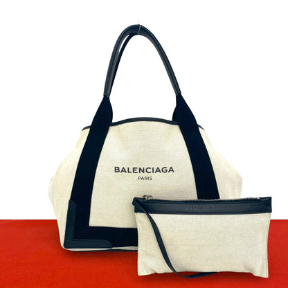 Balenciaga Navy Cabas Canvas Leather Tote Black Ivory