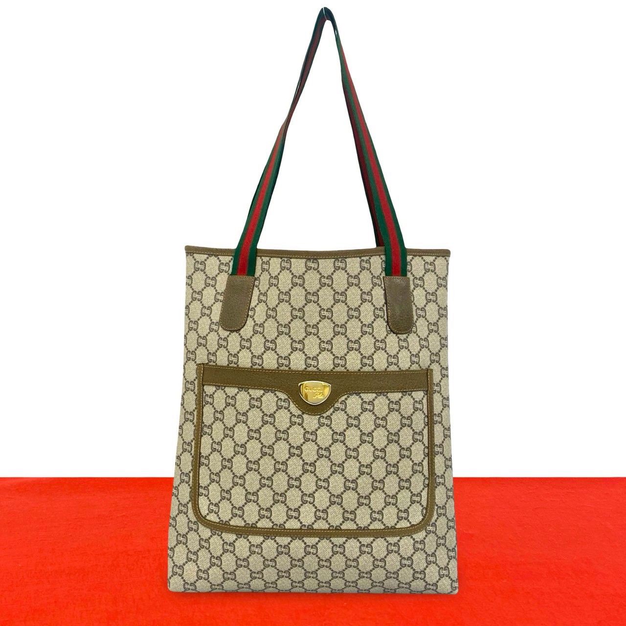 Gucci Vintage Sherry Line Plus Logo GG Pattern Leather Tote Brown