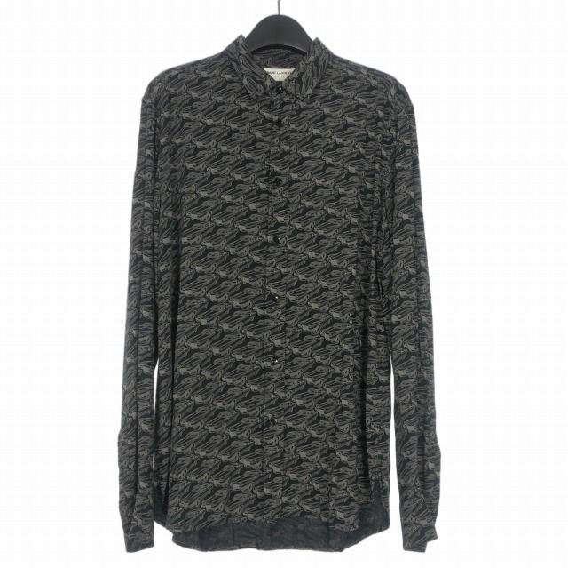 Saint Laurent Paris Allover Pattern Long Sleeve Shirt Rayon 40 Black