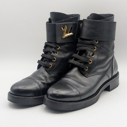 Louis Vuitton Wonderland Line Leather Flat Ranger Boots Black Twist Shoes