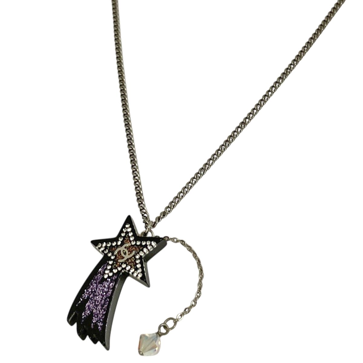 Chanel CC Logo Rhinestone Necklace Star Shooting Silver Plated Black