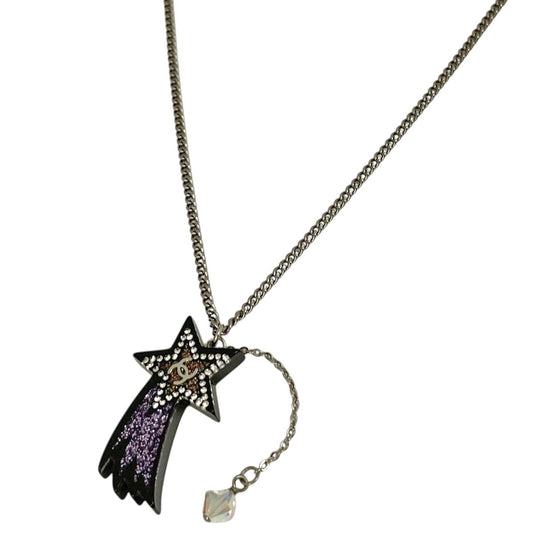 Chanel CC Logo Rhinestone Necklace Star Shooting Silver Plated Black