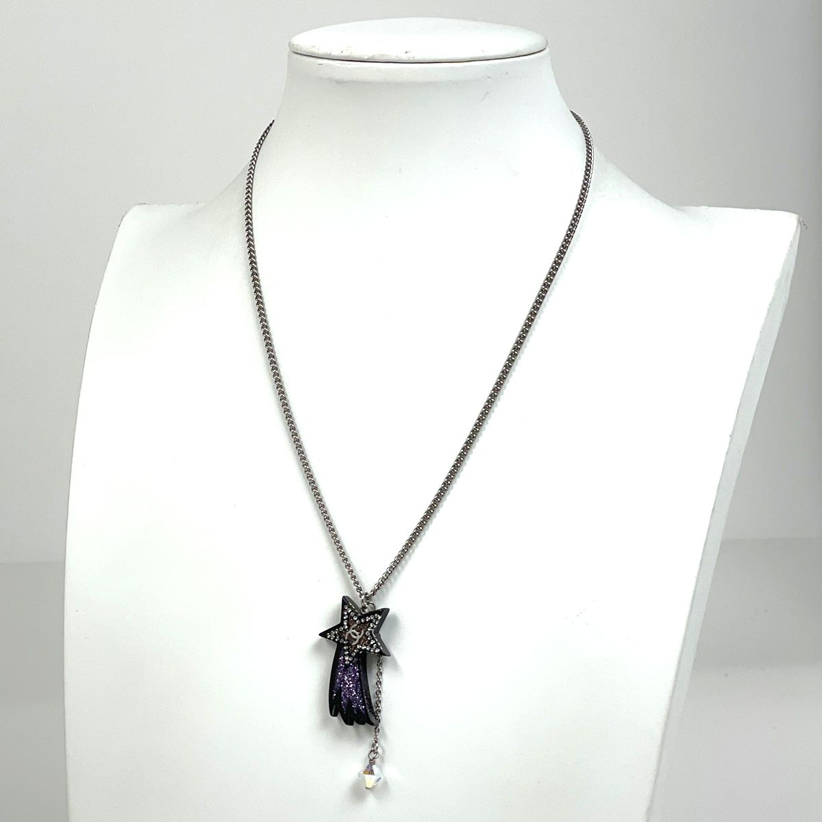 Chanel CC Logo Rhinestone Necklace Star Shooting Silver Plated Black — view 5