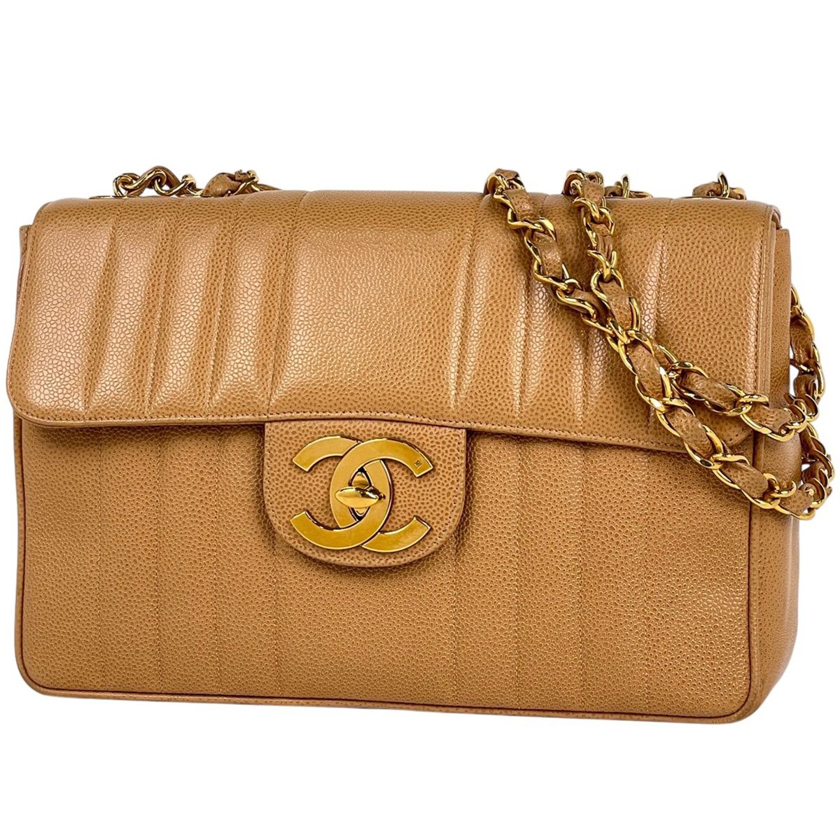 Chanel Mademoiselle Chain Shoulder Bag CC Logo Caviar Leather Beige