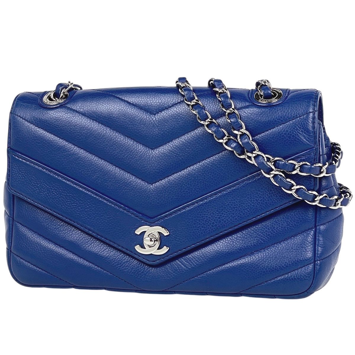 Chanel Stitch Chain Shoulder Bag CC Logo Chez Blanc Caviar Leather Blue