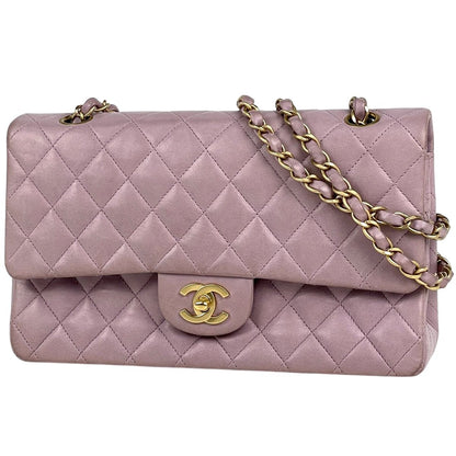 Chanel Quilted Double Flap Chain Shoulder Bag CC Logo Leather Purple