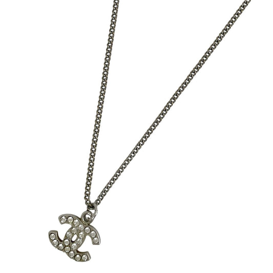 Chanel CC Logo Rhinestone Necklace Silver Plated