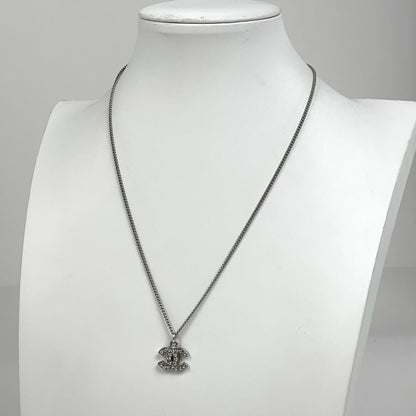Chanel CC Logo Rhinestone Necklace Silver Plated — view 7