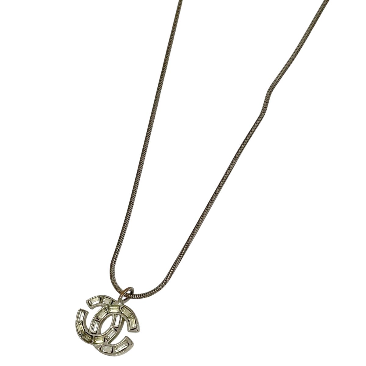 Chanel CC Logo Rhinestone Necklace Silver Plated
