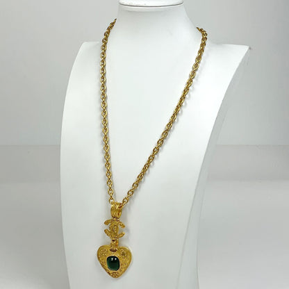 Chanel CC Logo Color Stone Necklace Gold Plated Green — view 6