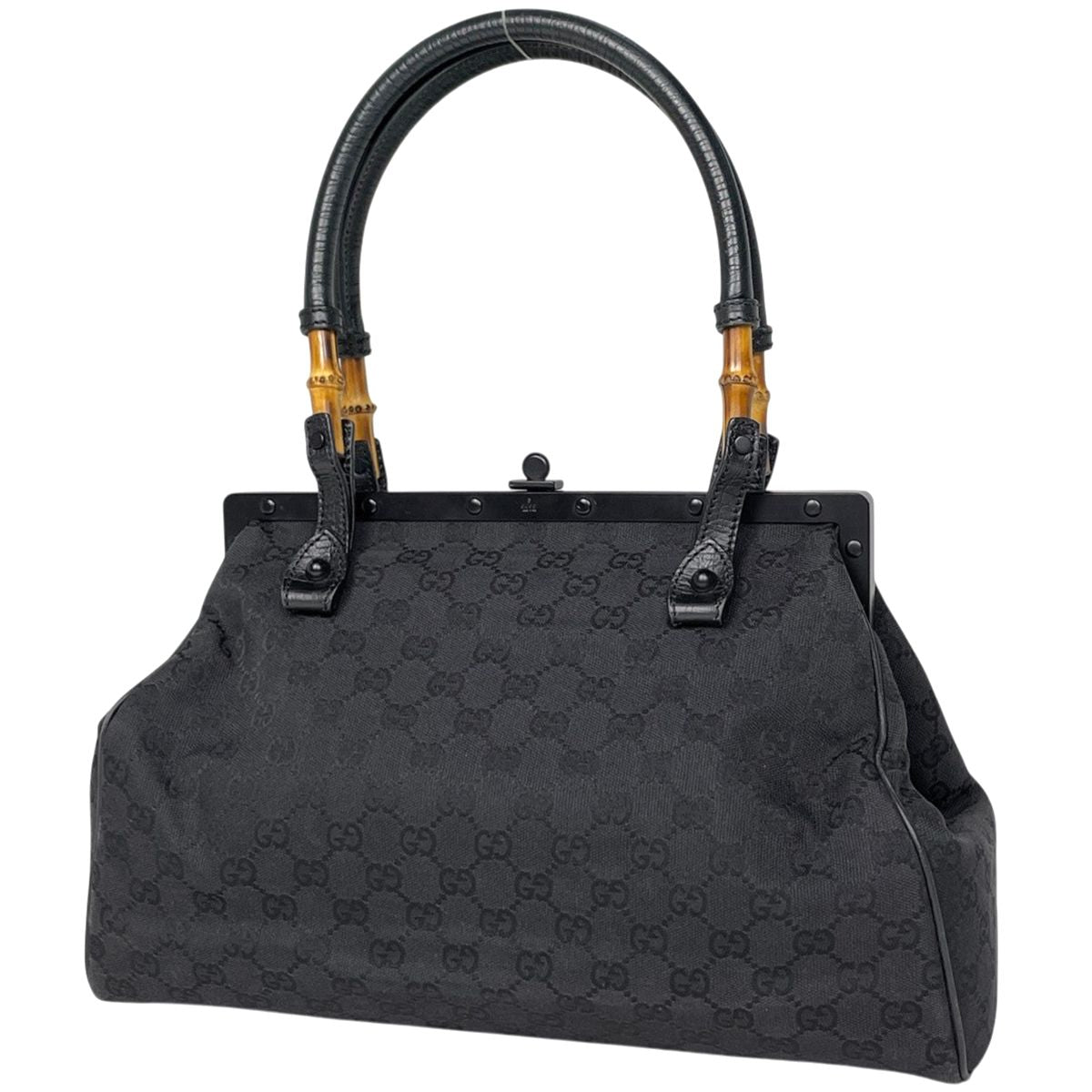 Gucci Bamb Handbag GG Pattern Kiss Lock Canvas Black