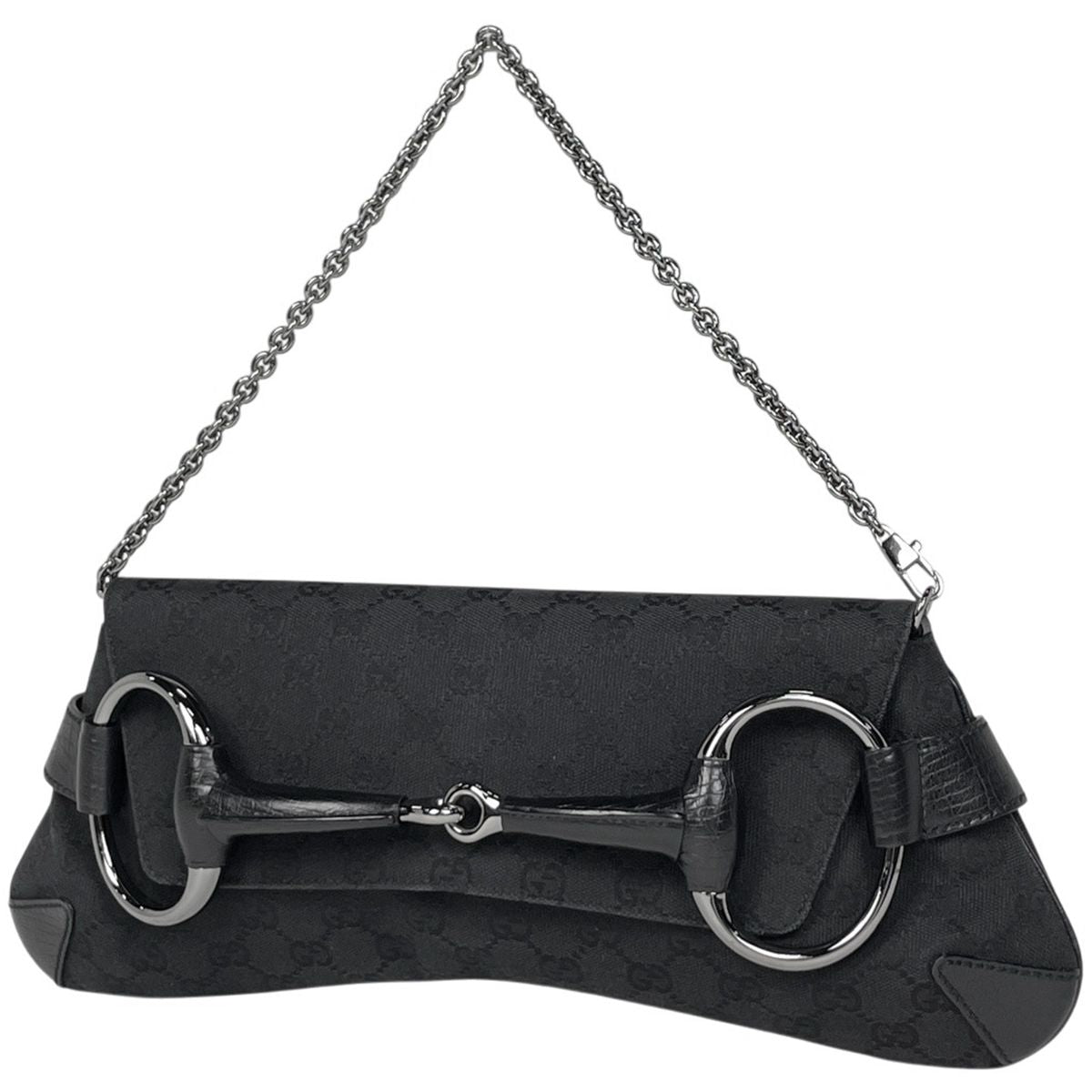 Gucci Horsebit Chain Shoulder Bag GG Pattern Canvas Black