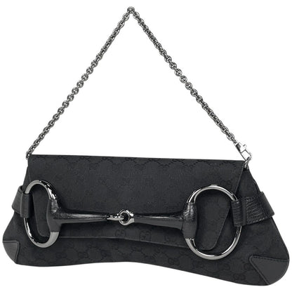 Gucci Horsebit Chain Shoulder Bag GG Pattern Canvas Black