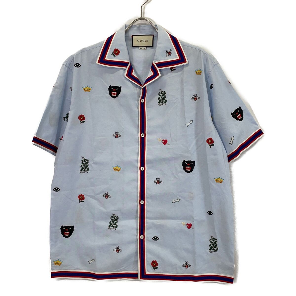 Gucci Light Blue Embroidery All Over Pattern Bowling Short Sleeve Shirt 52