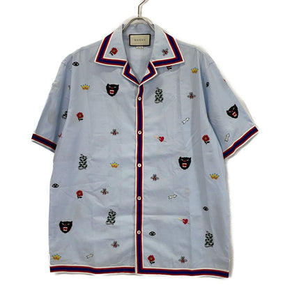 Gucci Light Blue Embroidery All Over Pattern Bowling Short Sleeve Shirt 52