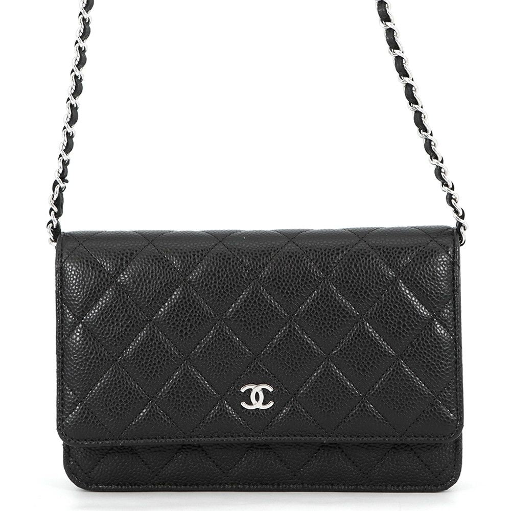 Chanel Chain Wallet Quilted CC Logo Caviar Leather Black
