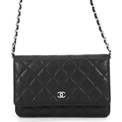 Chanel Chain Wallet Quilted CC Logo Caviar Leather Black