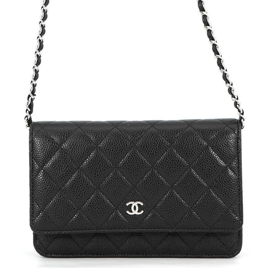 Chanel Chain Wallet Quilted CC Logo Caviar Leather Black