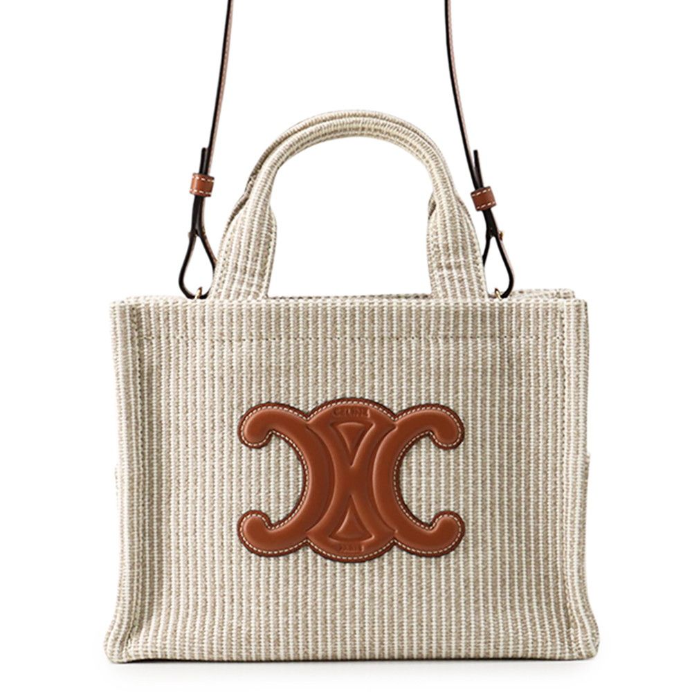 Celine Cabas Thais Small Stripe Canvas Leather 2-Way Shoulder