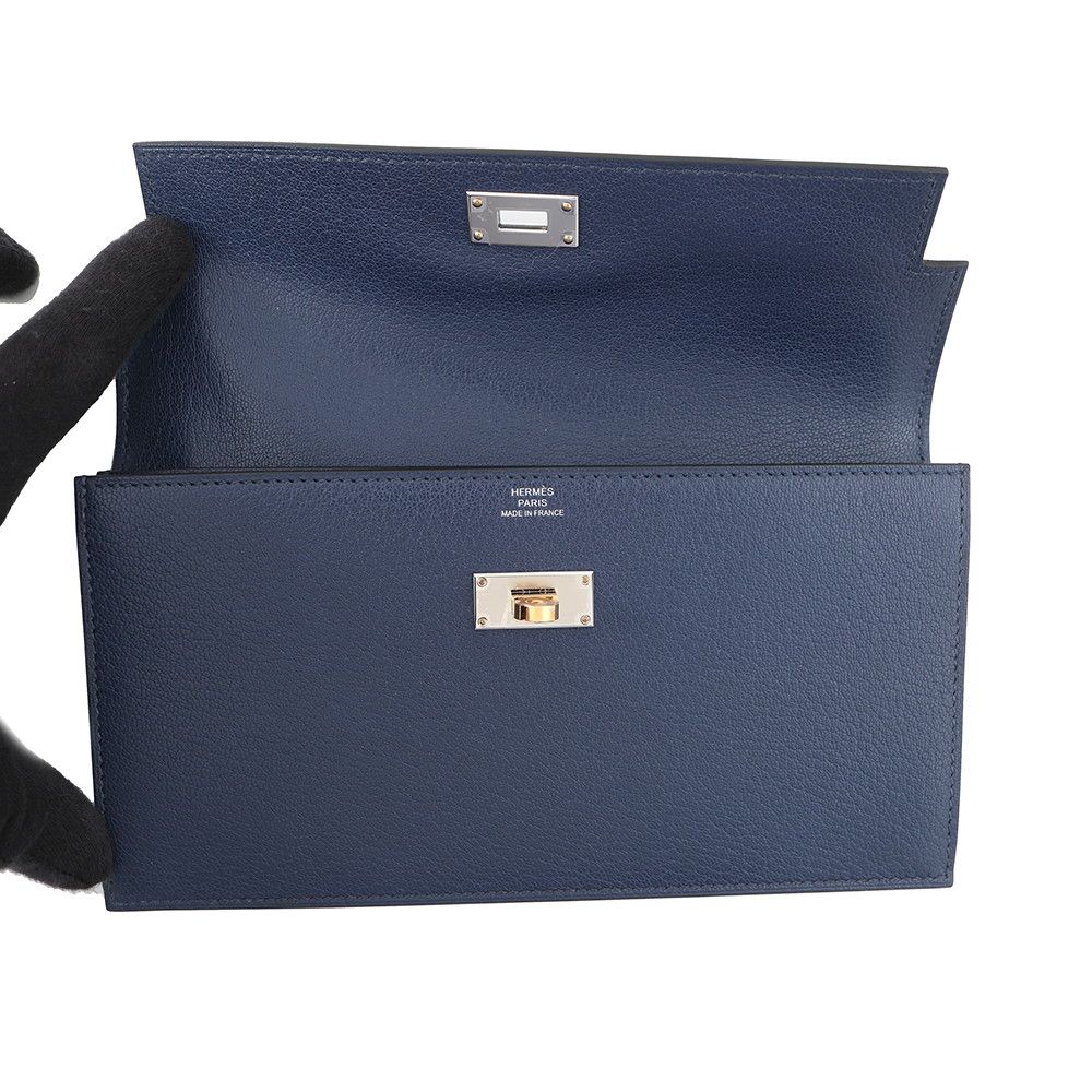 Hermes Wallet Kelly Pocket Long Blue Saffiano Electrum Chevre Sham Kira — view 5