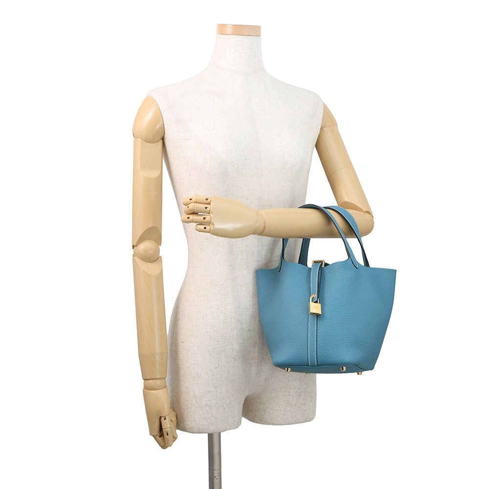 Hermes Handbag Picotin Lock PM New Blue Jean Gold Taurillon Clemence Tote — view 4